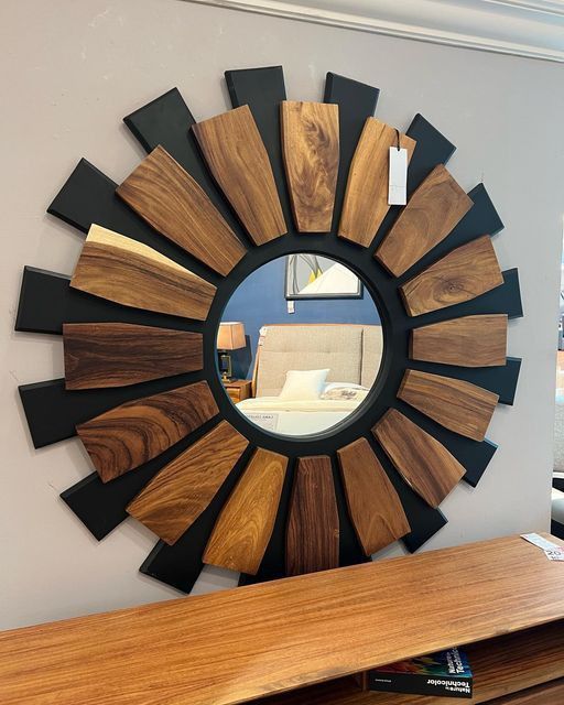 Sunburst Wooden Wall Mirror with Black Accents – Modern Decorative Mirror